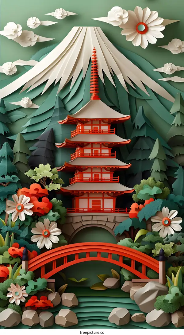 Japanese pagoda in a green landscape with a red bridge and white flowers