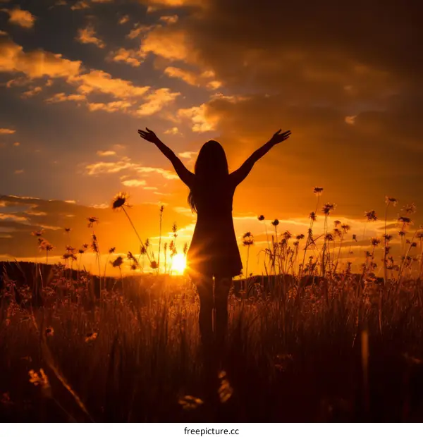 carefree woman enjoying the sunset in a field of flowers
