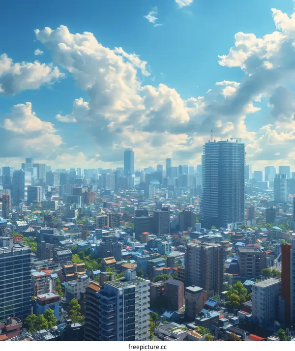 Panoramic View of a Cityscape under a Blue Sky with Fluffy Clouds