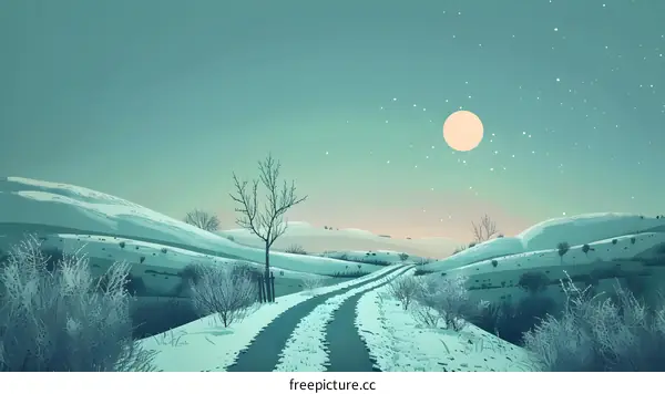 Winter Landscape With Snow Covered Hills and a Full Moon