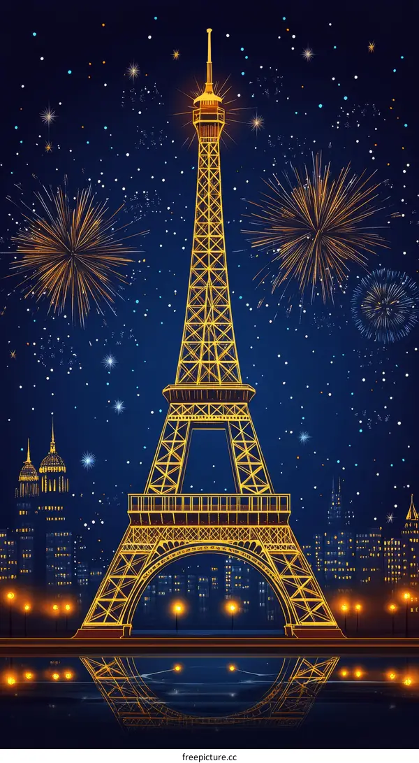 Eiffel Tower at Night with Fireworks