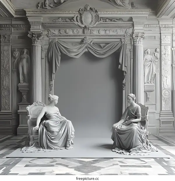 Two White Marble Statues of Women Sitting in an Ornate Room