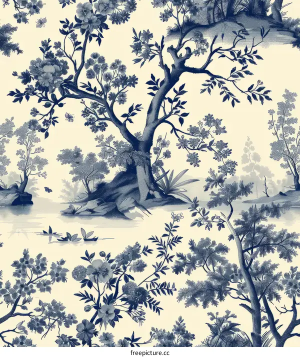 Blue and white chinoiserie pattern of trees, flowers, and birds