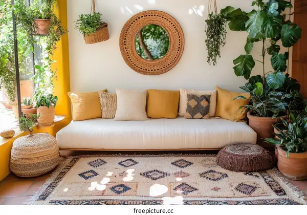 Bohemian Style Living Room with Plants and Cushions