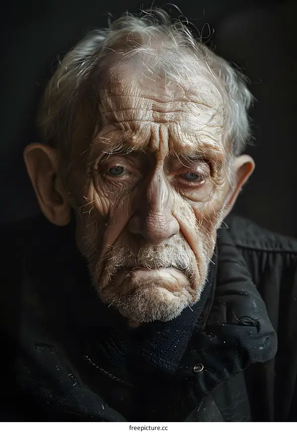 Portrait of an old man with white hair and wrinkles