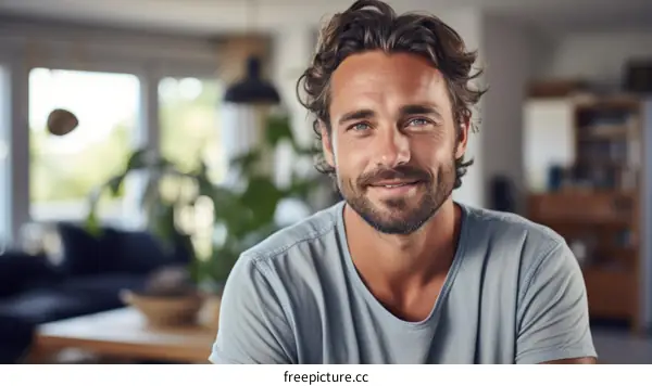 Portrait of a handsome young man with beard and blue eyes
