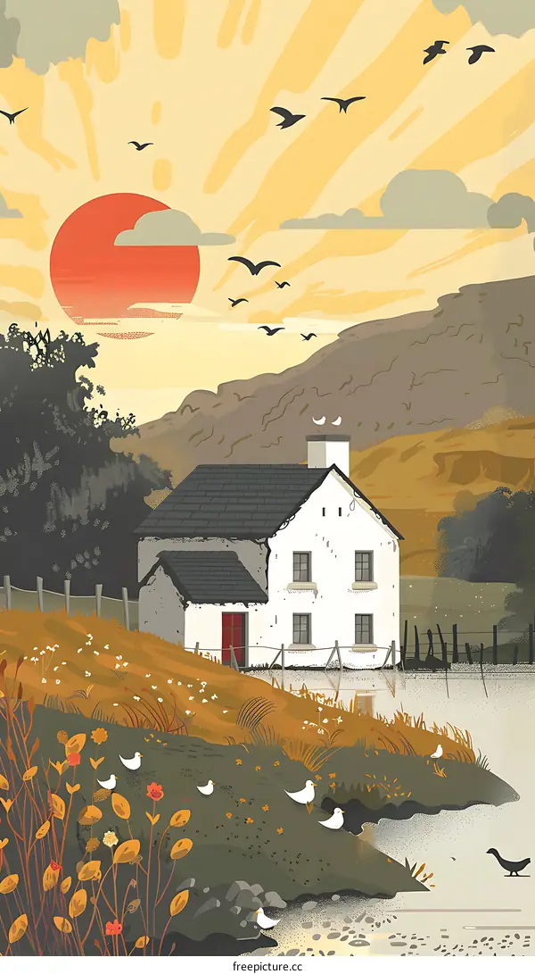 Sunset Landscape With a White Cottage and Birds