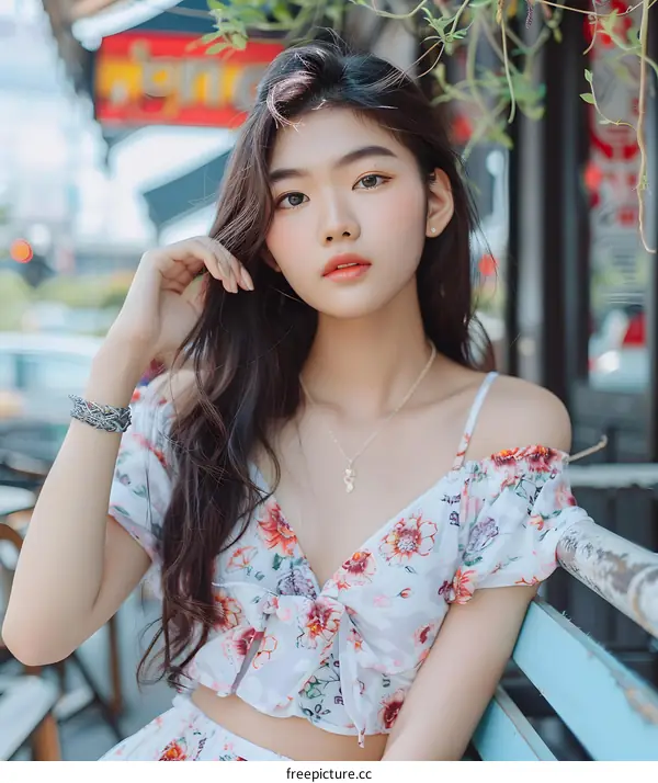 Portrait of a Young Asian Woman with Long Black Hair Wearing a Floral Dress