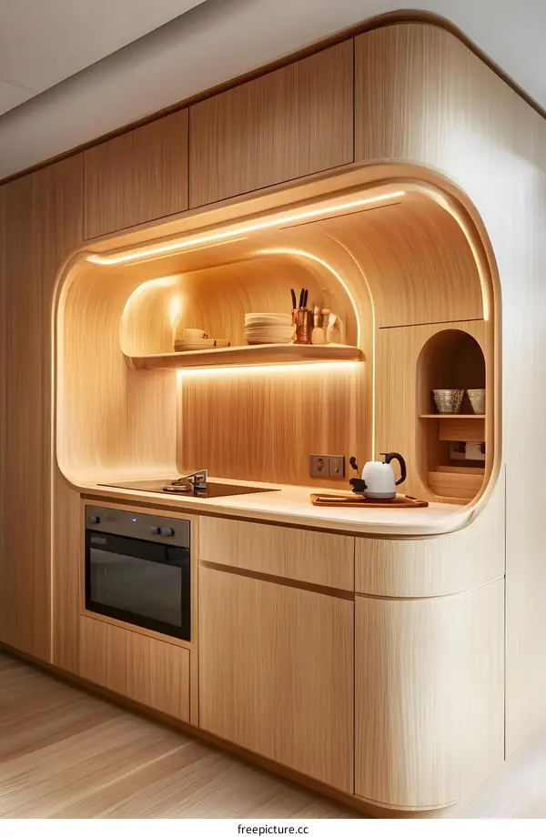 Modern Kitchen Design with Curved Cabinets and LED Lighting