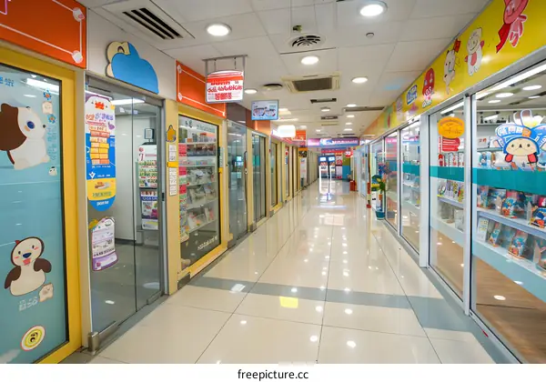 Indoor Retail Store Corridor with Glass Doors and Colorful Decorations