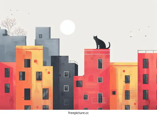 Black Cat on Urban Rooftop with City View