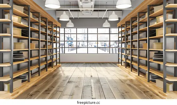 Modern Interior Design with Wooden Shelves and Large Window