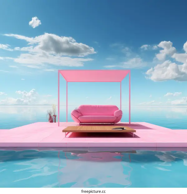 pink surreal seascape with sofa and pink water