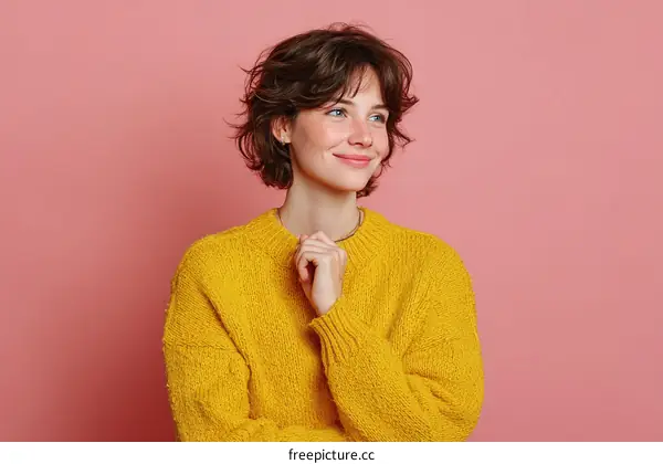 Smiling Woman in a Mustard Yellow Sweater