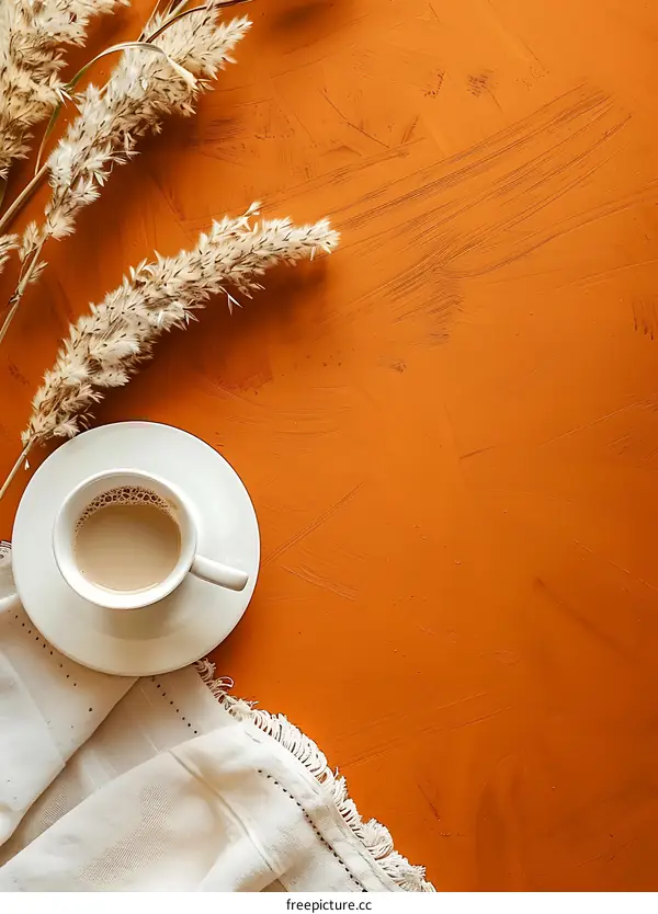 Orange Background With Coffee Cup And Pampas Grass