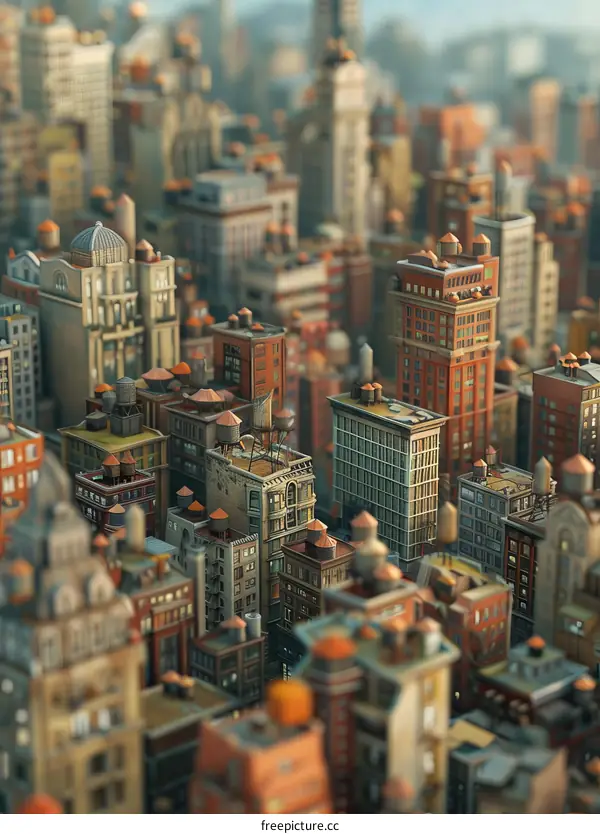 A Miniature Metropolis: City with Many Buildings and Water Towers