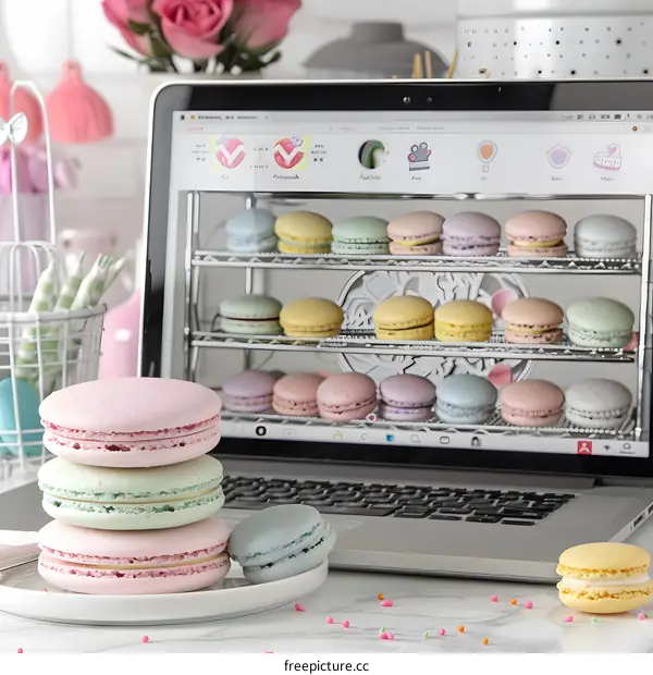 Macarons on a Table with a Laptop in the Background