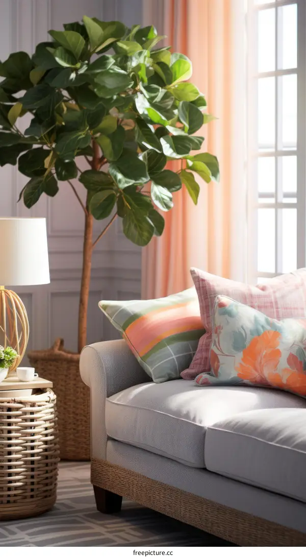 A living room with a large plant, a sofa, and a table