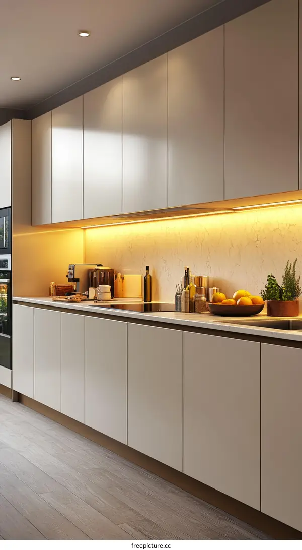 Modern Beige Kitchen Cabinets with Under-Cabinet Lighting