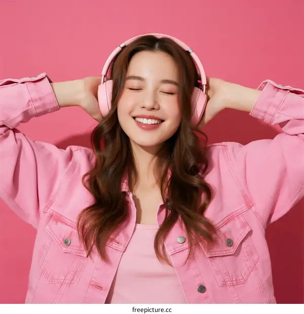 A Young Woman Wearing Pink Headphones Smiling Happily