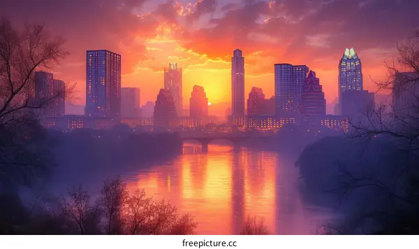 Austin Texas Skyline at Sunset Overlooking Lady Bird Lake