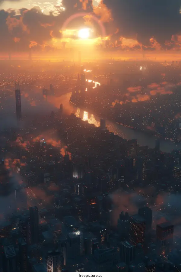 Sunset Cityscape Futuristic Metropolis