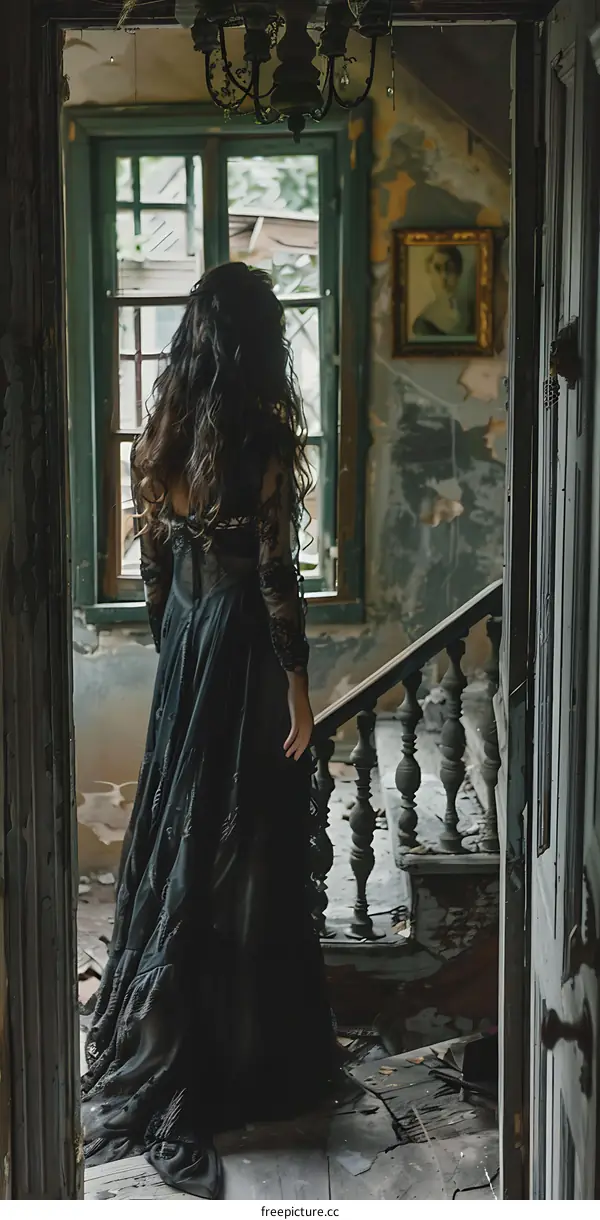 Woman in Black Dress Standing in Abandoned Building