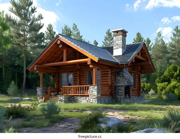 Wooden Cabin in the Forest with Stone Chimney and Porch