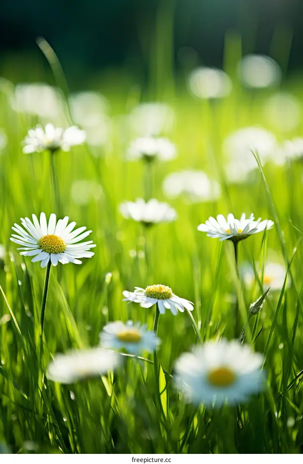 Close-up of daisies in a green field