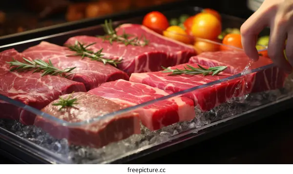 Raw steaks with rosemary and tomatoes