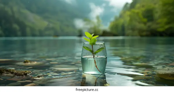 glass vase with green plant in water on blurred background of lake and forest