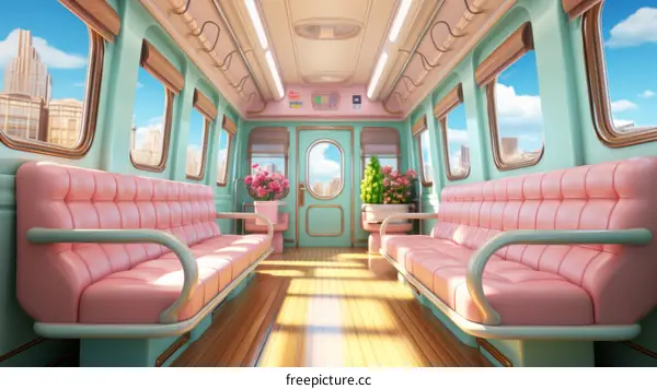 A Train Car with Pink and Green Walls with Large Windows