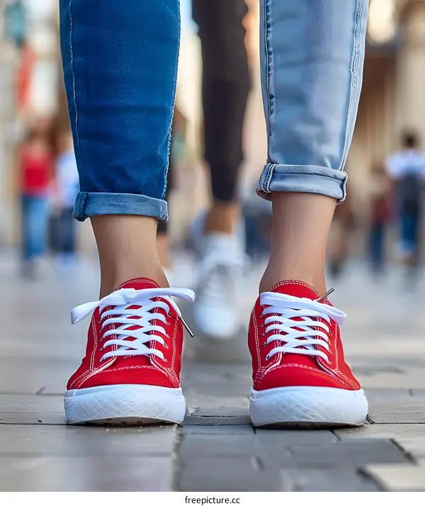 Red Canvas Sneakers with Blue Jeans and a Crowd of People in the Background