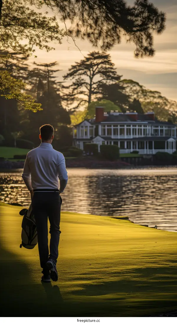 Caucasian male golfer walking on golf course at sunset with lake and clubhouse in background