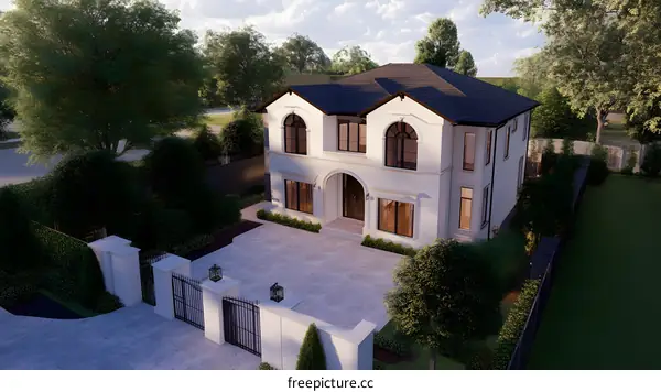 Modern White House with Black Roof and Green Landscaping