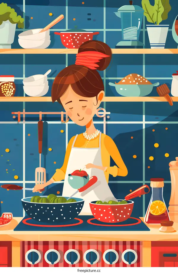Woman Cooking in Kitchen with Stovetop and Pots