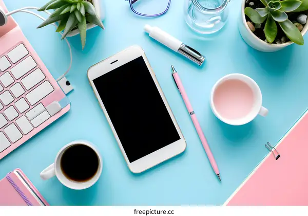 Flat Lay of Workspace with Laptop, Smartphone, and Coffee