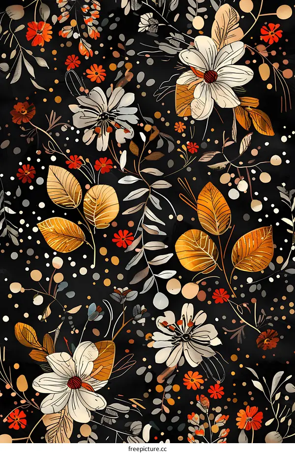 Floral Pattern with Leaves and Dots