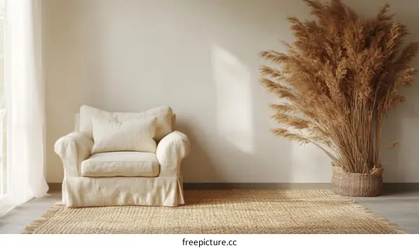 Beige armchair and pampas grass interior scene