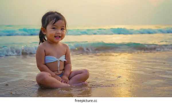 Adorable Child Playing on the Beach at Sunset