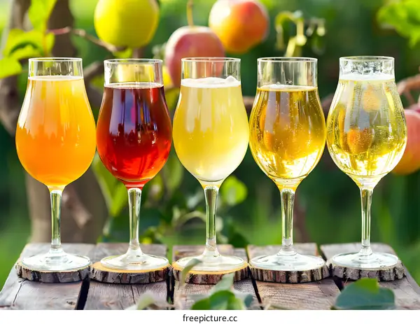 Five Glasses of Apple Cider On Wooden Table In The Garden