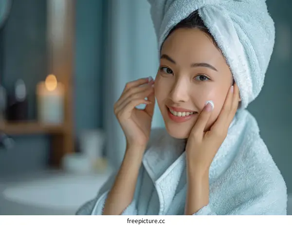 Asian woman applying face cream