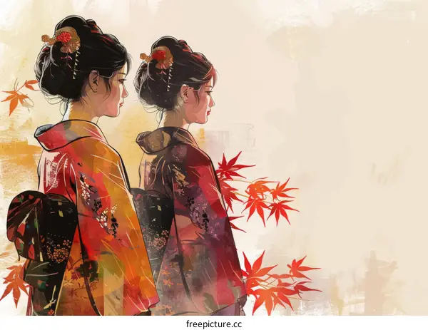 Two Japanese Women in Traditional Kimono