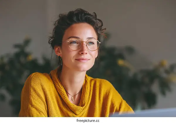 Woman wearing glasses thoughtful indoor shot