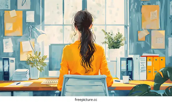 A woman is sitting in a chair in front of a computer.