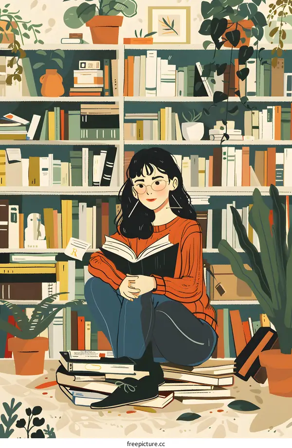 Young Woman Reading a Book in a Library