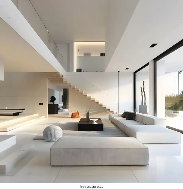 Modern Minimalist Living Room Interior Design with Beige Sofa and Staircase