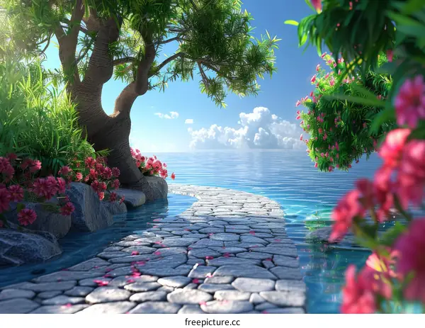 Path to the Sea by a Tree and Pink Flowers
