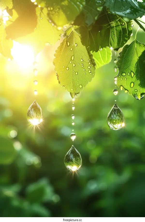 Raindrops on a leaf with blurred background