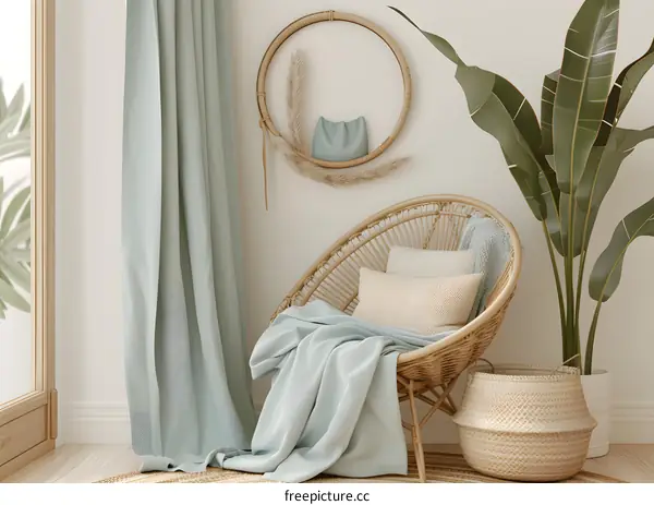 Modern Minimalist Living Room Interior Design with Rattan Chair and Green Plant